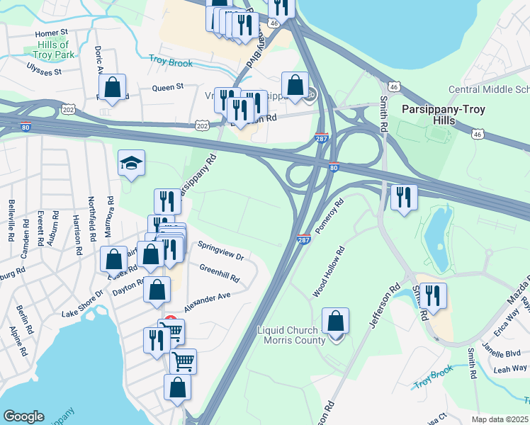 map of restaurants, bars, coffee shops, grocery stores, and more near 500 Parq Ln in Parsippany-Troy Hills