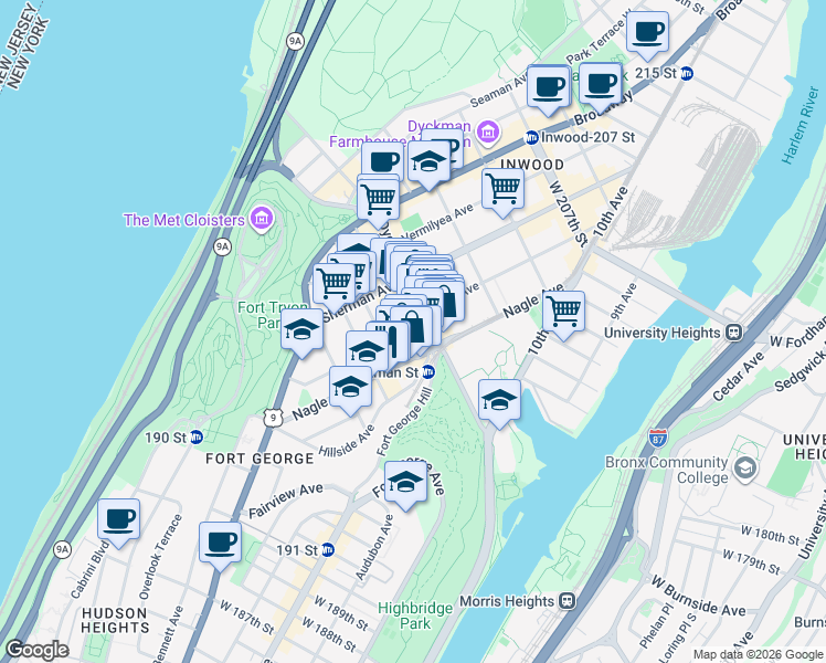 map of restaurants, bars, coffee shops, grocery stores, and more near 9 Thayer Street in New York