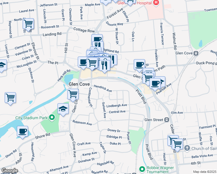 map of restaurants, bars, coffee shops, grocery stores, and more near 1 Petite Place in Glen Cove