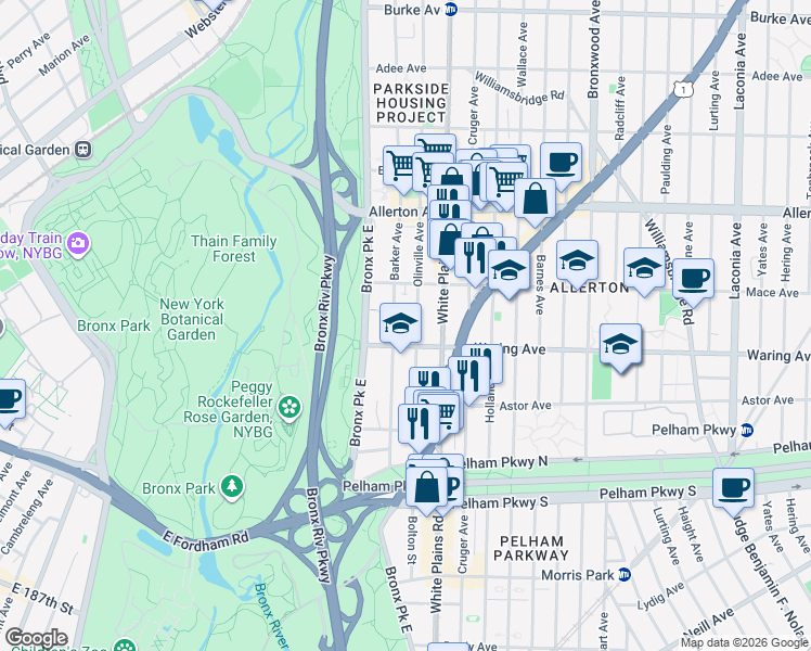 map of restaurants, bars, coffee shops, grocery stores, and more near 651 Waring Avenue in Bronx