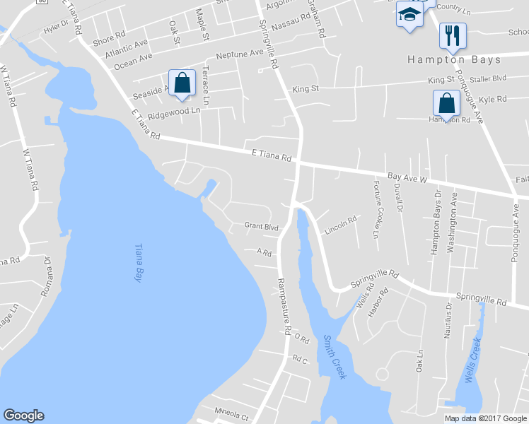 map of restaurants, bars, coffee shops, grocery stores, and more near 3 Jefferson Avenue in Hampton Bays