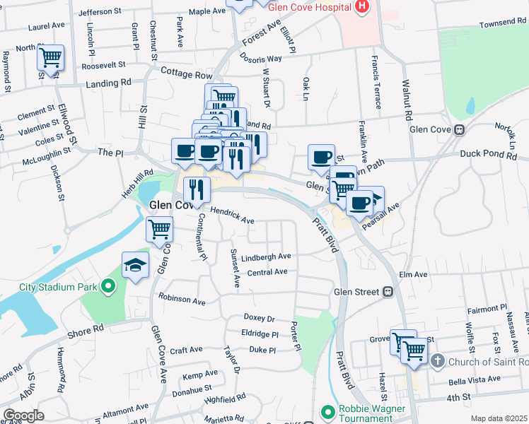 map of restaurants, bars, coffee shops, grocery stores, and more near 1 Petite Place in Glen Cove