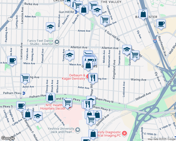 map of restaurants, bars, coffee shops, grocery stores, and more near 2413 Eastchester Road in Bronx