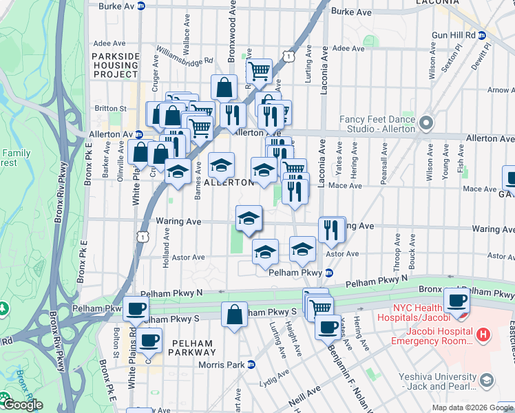 map of restaurants, bars, coffee shops, grocery stores, and more near 955 Waring Avenue in Bronx