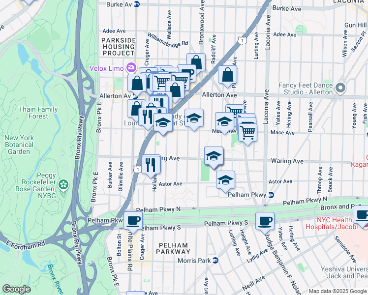map of restaurants, bars, coffee shops, grocery stores, and more near 817 Waring Avenue in Bronx