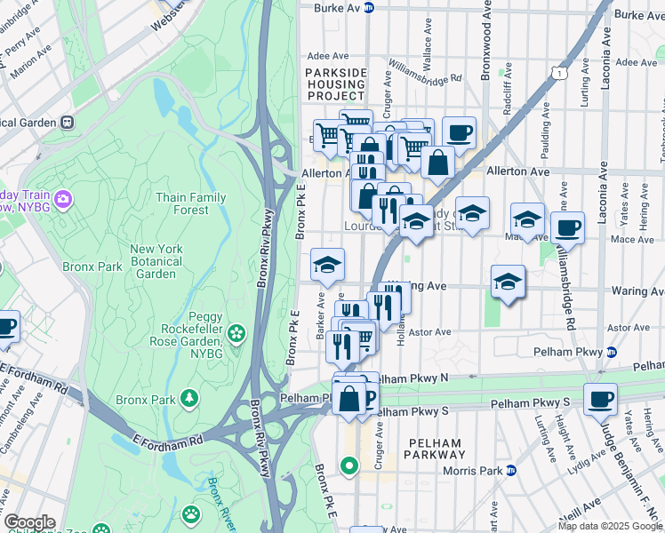 map of restaurants, bars, coffee shops, grocery stores, and more near 651 Waring Avenue in Bronx