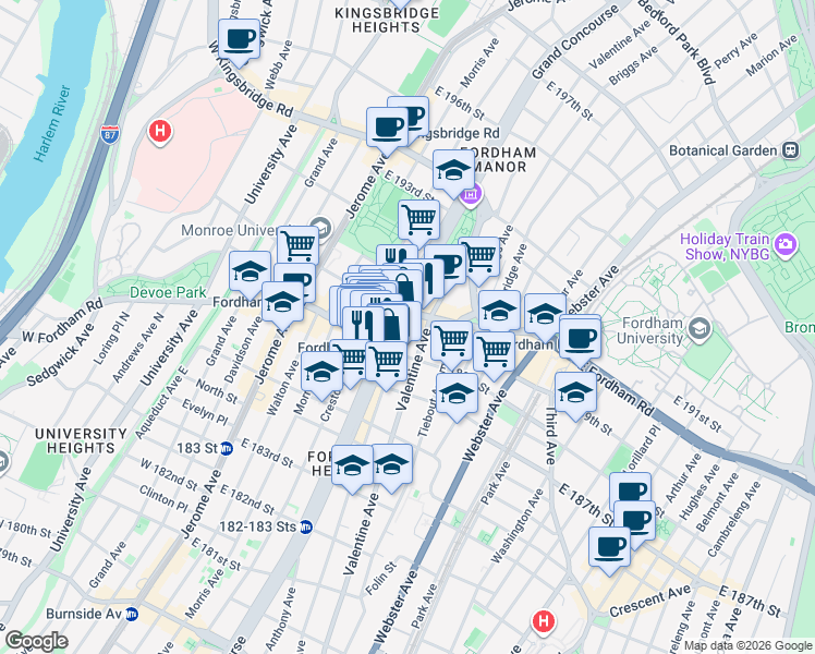 map of restaurants, bars, coffee shops, grocery stores, and more near 177 East 188th Street in The Bronx