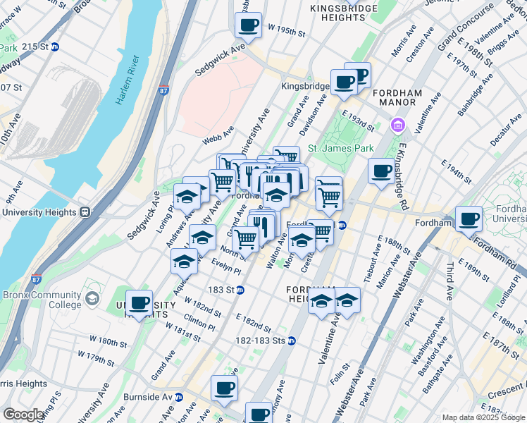map of restaurants, bars, coffee shops, grocery stores, and more near 2411 Jerome Avenue in Bronx