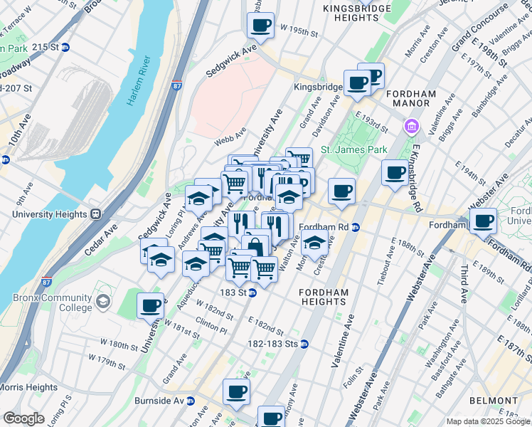 map of restaurants, bars, coffee shops, grocery stores, and more near 2391 Davidson Avenue in Bronx