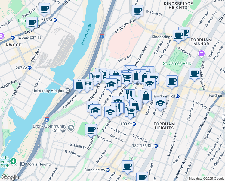 map of restaurants, bars, coffee shops, grocery stores, and more near 2315 University Avenue in The Bronx