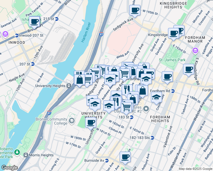 map of restaurants, bars, coffee shops, grocery stores, and more near 2300 Loring Place North in Bronx
