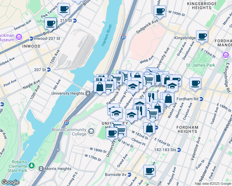 map of restaurants, bars, coffee shops, grocery stores, and more near 236 West Fordham Road in The Bronx