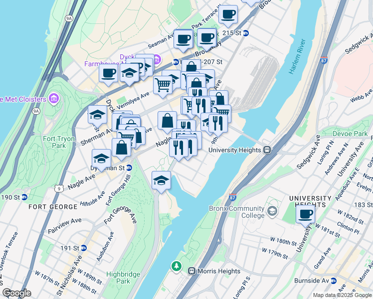 map of restaurants, bars, coffee shops, grocery stores, and more near 432 West 203rd Street in New York