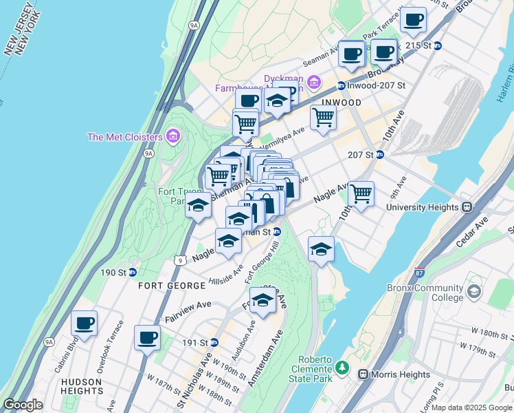 map of restaurants, bars, coffee shops, grocery stores, and more near 2 Thayer Street in New York