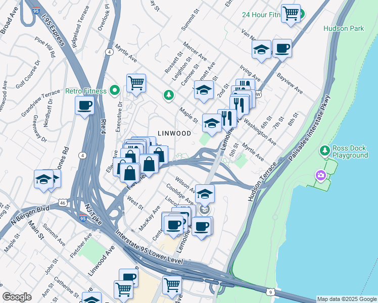 map of restaurants, bars, coffee shops, grocery stores, and more near 2348 Linwood Avenue in Fort Lee