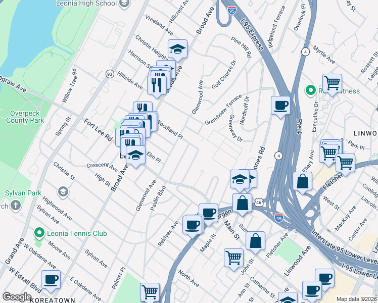 map of restaurants, bars, coffee shops, grocery stores, and more near 32 Linden Terrace in Leonia
