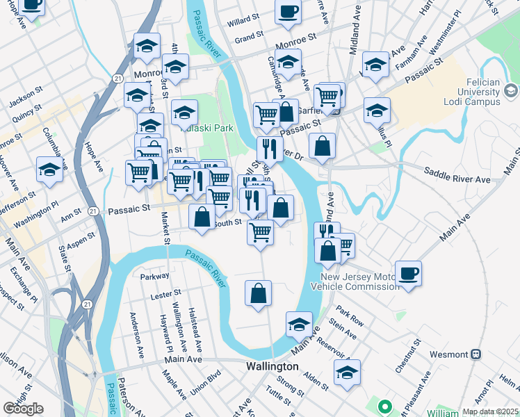 map of restaurants, bars, coffee shops, grocery stores, and more near 163 8th Street in Passaic