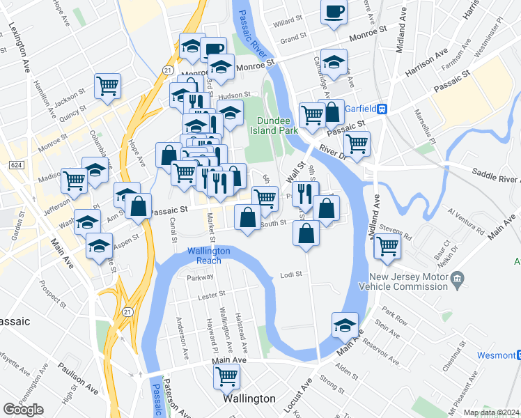 map of restaurants, bars, coffee shops, grocery stores, and more near 17 5th Street in Passaic