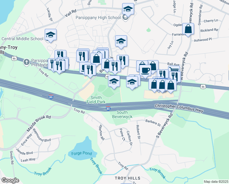 map of restaurants, bars, coffee shops, grocery stores, and more near in Morris County