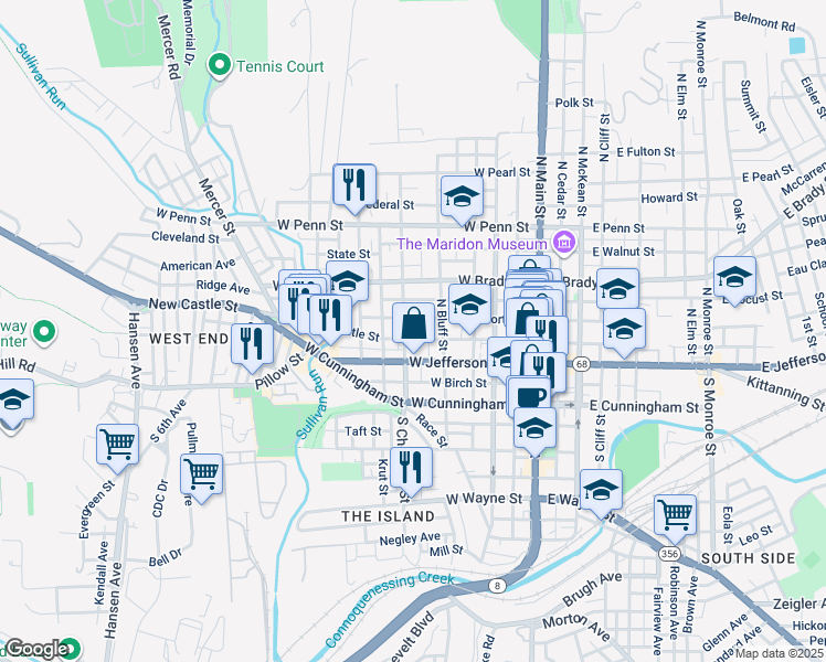 map of restaurants, bars, coffee shops, grocery stores, and more near 401 West New Castle Street in Butler