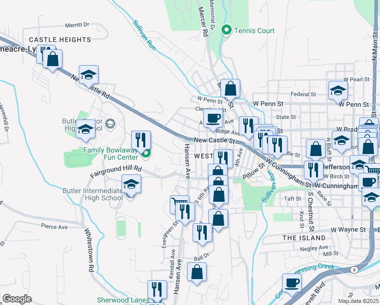 map of restaurants, bars, coffee shops, grocery stores, and more near 204 Hansen Avenue in Butler