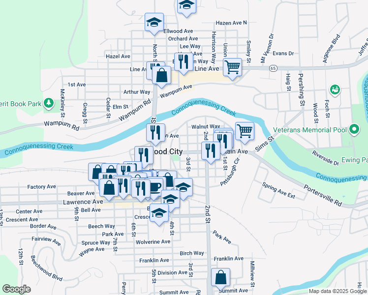 map of restaurants, bars, coffee shops, grocery stores, and more near 311 Pennsylvania 288 in Ellwood City
