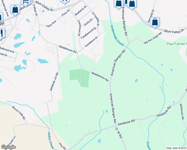 map of restaurants, bars, coffee shops, grocery stores, and more near 1178 Middletown Road in Pen Argyl