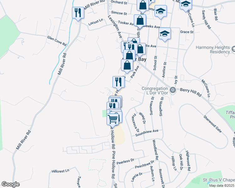 map of restaurants, bars, coffee shops, grocery stores, and more near 100 Pine Hollow Road in Oyster Bay