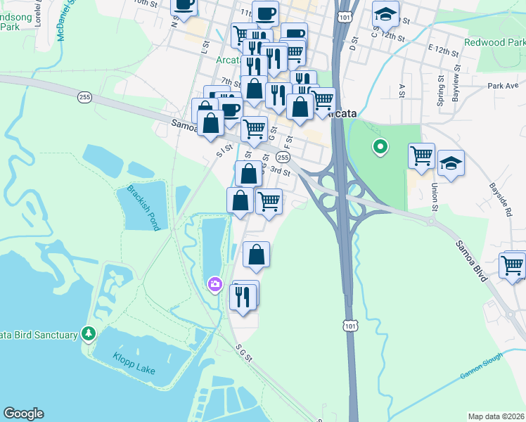 map of restaurants, bars, coffee shops, grocery stores, and more near 13f Front Street in Arcata