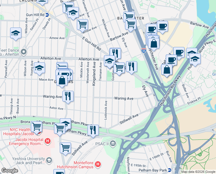 map of restaurants, bars, coffee shops, grocery stores, and more near 2418 Tiemann Avenue in Bronx