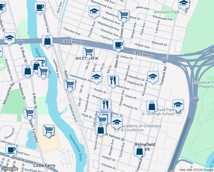 map of restaurants, bars, coffee shops, grocery stores, and more near 48 Austin Street in Ridgefield Park