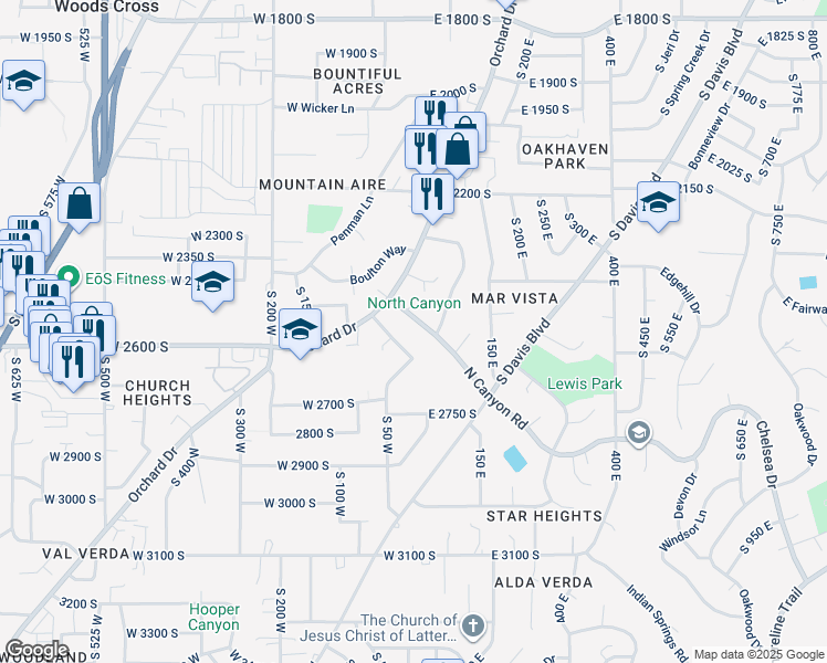 map of restaurants, bars, coffee shops, grocery stores, and more near 42 North Canyon Road in Bountiful