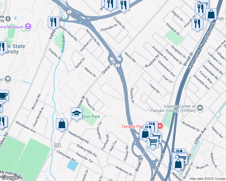 map of restaurants, bars, coffee shops, grocery stores, and more near 605 Grove Street in Clifton