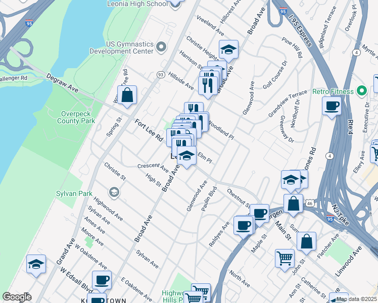 map of restaurants, bars, coffee shops, grocery stores, and more near in Leonia