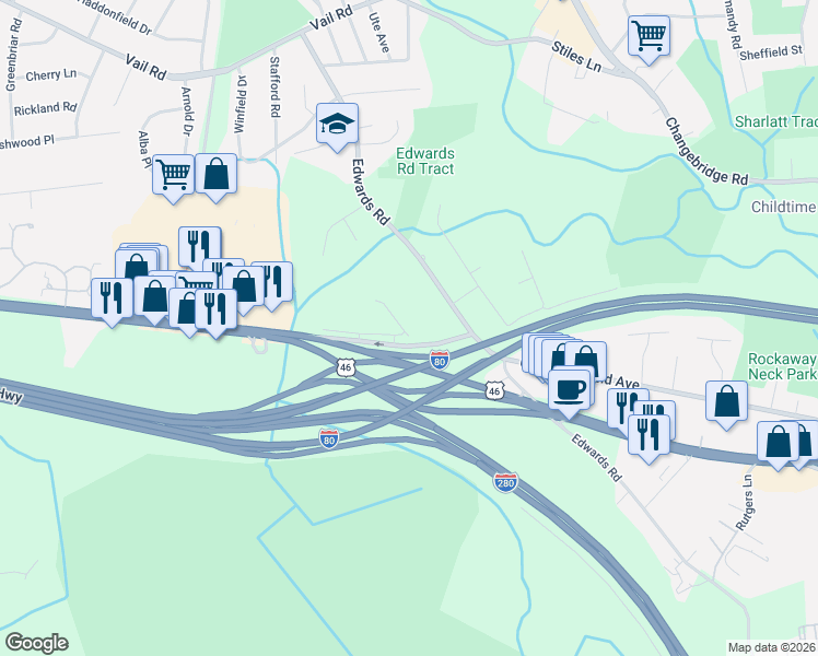map of restaurants, bars, coffee shops, grocery stores, and more near 5 Hopkins Court in Parsippany-Troy Hills