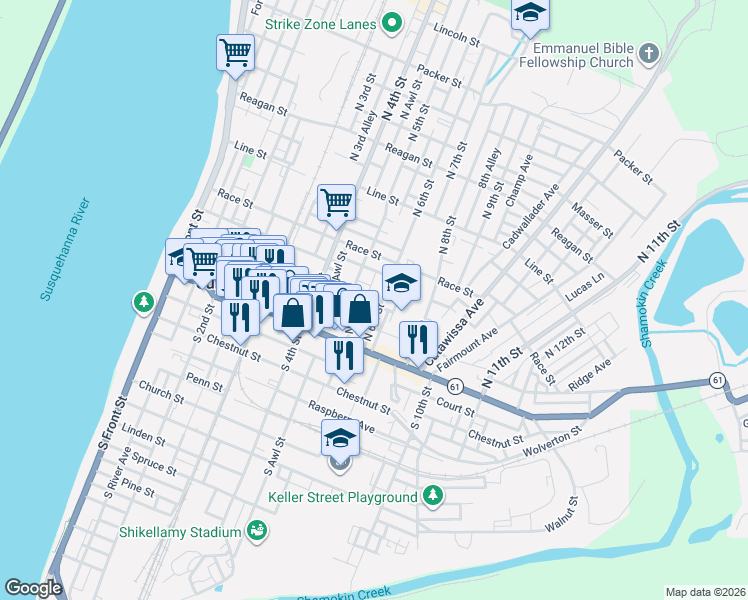 map of restaurants, bars, coffee shops, grocery stores, and more near 49 North 6th Street in Sunbury