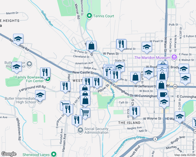 map of restaurants, bars, coffee shops, grocery stores, and more near 119 4th Avenue in Butler