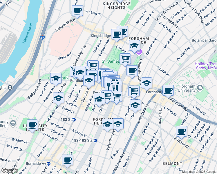 map of restaurants, bars, coffee shops, grocery stores, and more near in The Bronx
