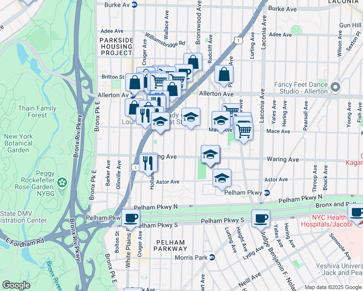 map of restaurants, bars, coffee shops, grocery stores, and more near 817 Waring Avenue in Bronx