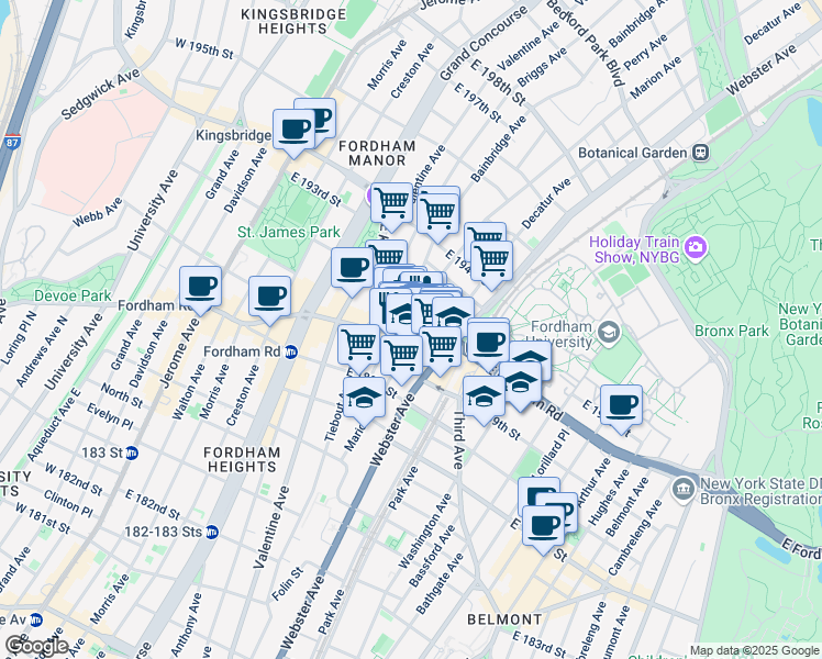 map of restaurants, bars, coffee shops, grocery stores, and more near in The Bronx