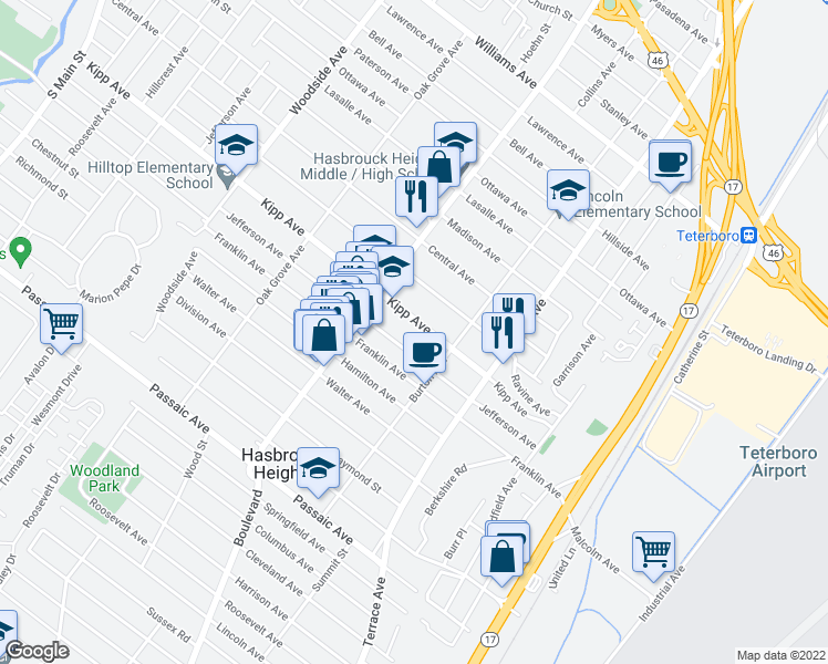 map of restaurants, bars, coffee shops, grocery stores, and more near 244 Kipp Avenue in Hasbrouck Heights