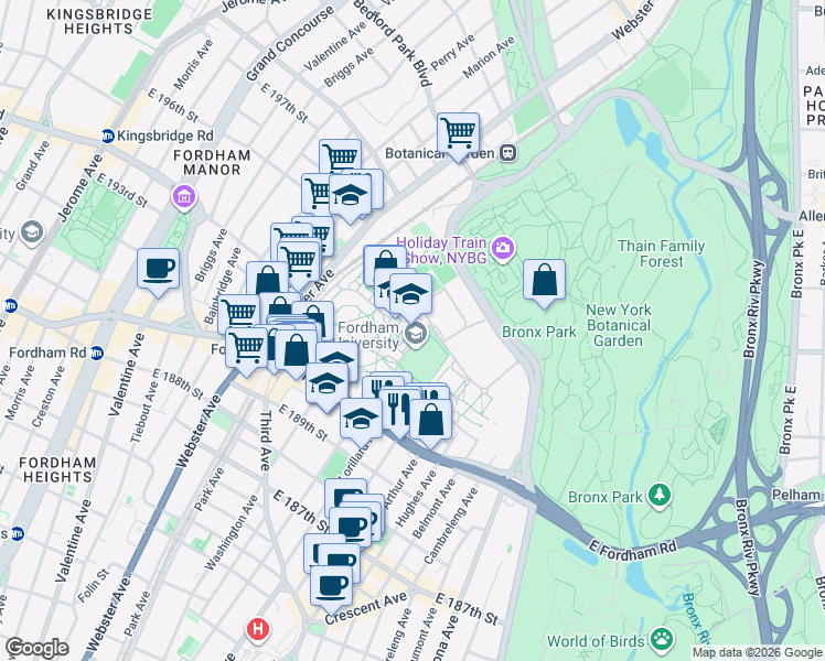 map of restaurants, bars, coffee shops, grocery stores, and more near 441 East Fordham Road in Bronx