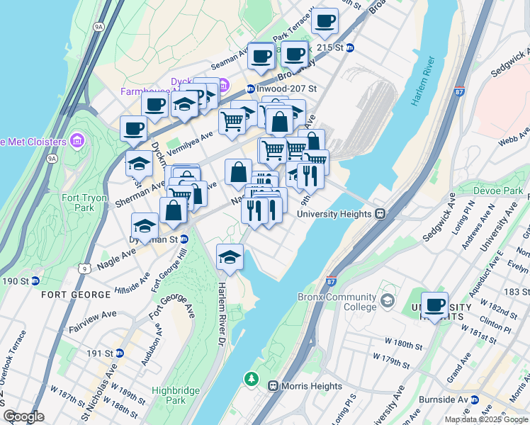 map of restaurants, bars, coffee shops, grocery stores, and more near 432 West 203rd Street in New York