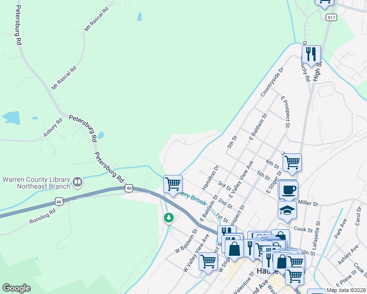 map of restaurants, bars, coffee shops, grocery stores, and more near 12-20 U.S. 46 in Hackettstown