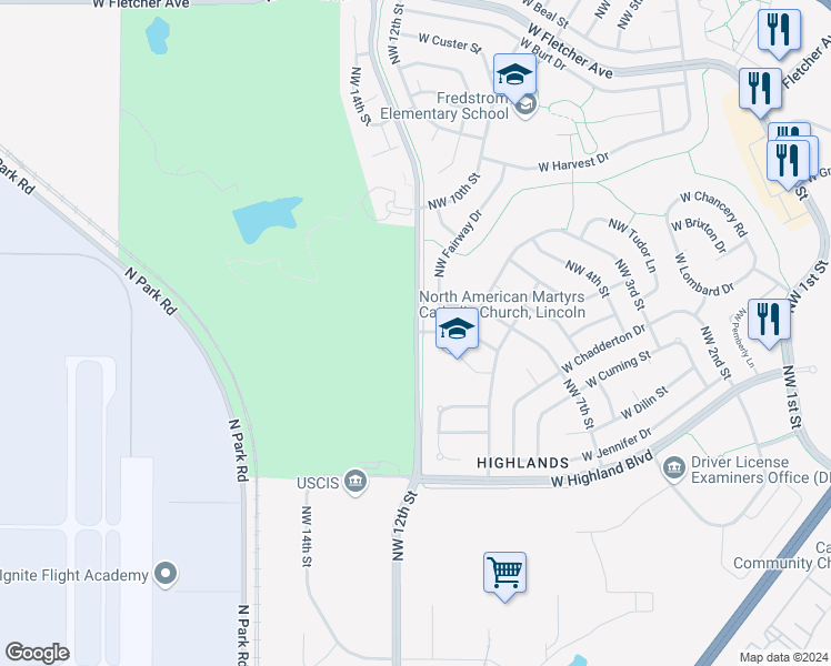 map of restaurants, bars, coffee shops, grocery stores, and more near 5299 Northwest 12th Street in Lincoln