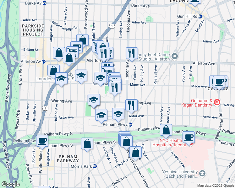 map of restaurants, bars, coffee shops, grocery stores, and more near 1061 Waring Avenue in Bronx