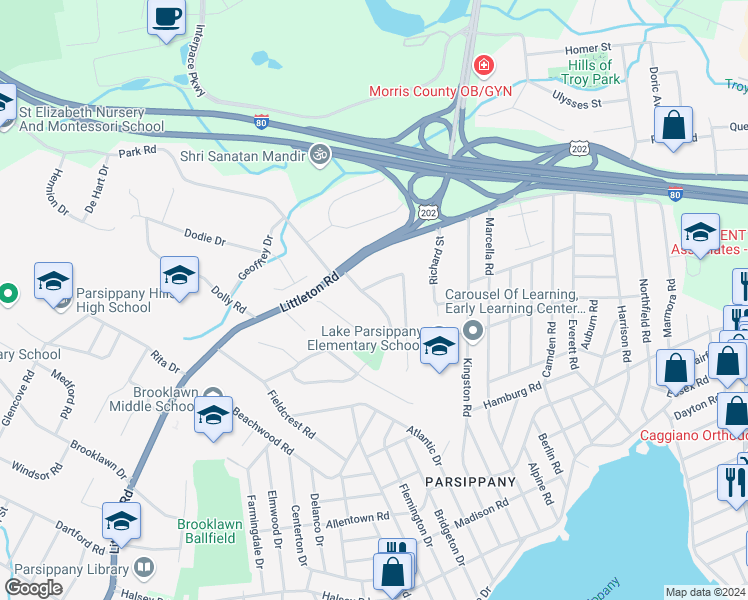 map of restaurants, bars, coffee shops, grocery stores, and more near 63 Crestview Drive in Parsippany-Troy Hills