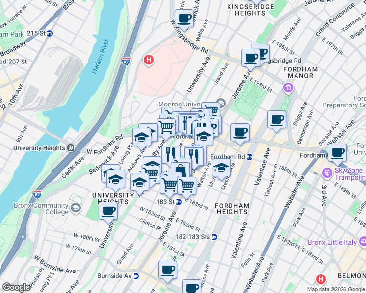 map of restaurants, bars, coffee shops, grocery stores, and more near 2391 Davidson Avenue in Bronx