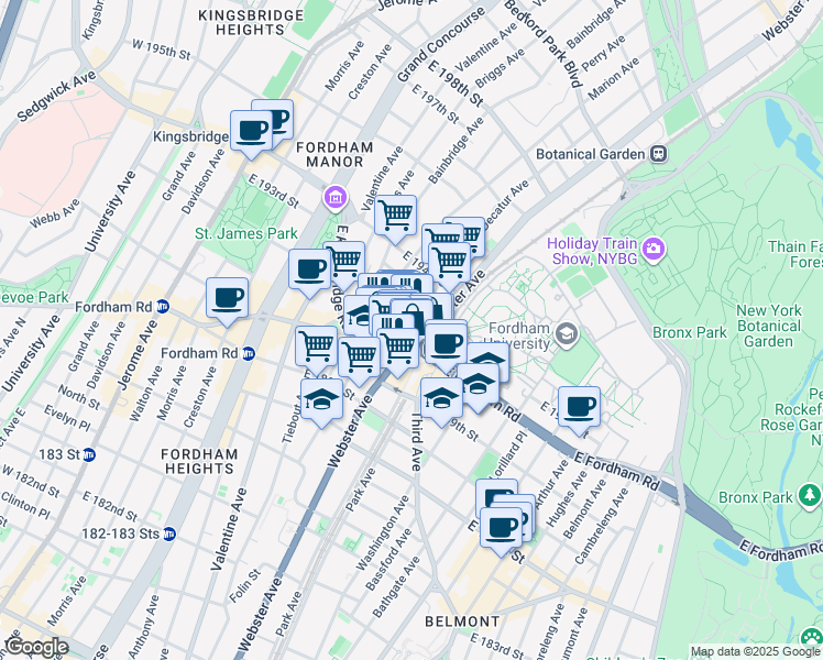 map of restaurants, bars, coffee shops, grocery stores, and more near 2521 Webster Avenue in The Bronx