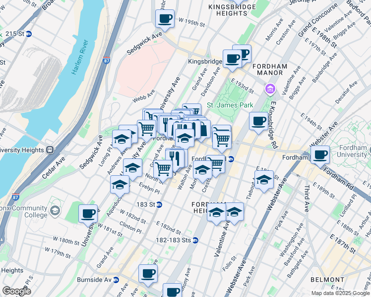 map of restaurants, bars, coffee shops, grocery stores, and more near 2424 Jerome Avenue in The Bronx